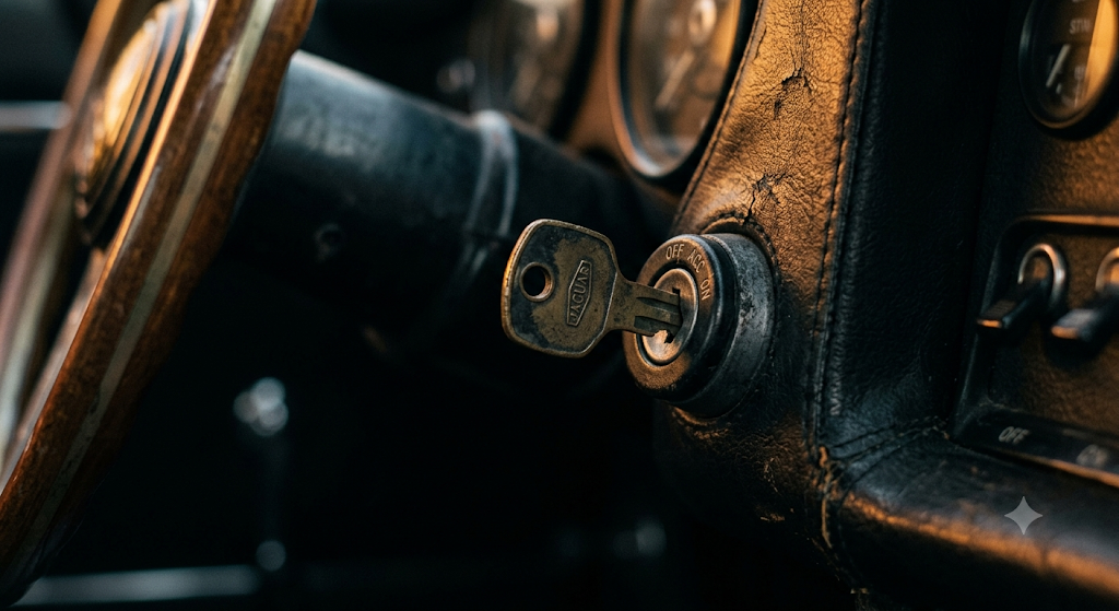 Vintage Jaguar key in ignition — OFF position